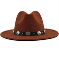 Dark brown wool fedora hat with black leather belt and embossed metal hardware - Adjustable / Caramel color