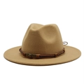 Detail of khaki wool fedora hat featuring a brown leather strap and bronze skull charm - M (55-58cm) / Camel