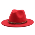 Macro shot of red felt jazz hat with brown belt and silver metal skull buckle detail - M (55-58cm) / Red / 0.1