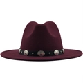 Close-up of wine red fedora hat with black leather belt and vintage metal studs - Adjustable / Burgundy