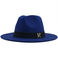 Königsblauer Wollhut Jazz Fedora mit breiter Krempe und Krone Metallverzierung - M (56-58cm) / Blau