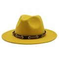Detail of yellow wool fedora hat featuring a black leather band with silver metal eyelets - 55-58cm / Yellow