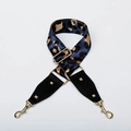 Adjustable blue leopard print bag strap with gold hardware and black leather accents - Blue