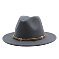 Detail of grey wool fedora hat featuring brown braided cord with green beads and silver accents - Dark Gray