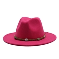 Close-up of fuchsia wool fedora with brown braided band and ethnic style metallic charms - Rose Red