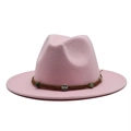 Close-up of pink wool fedora hat with braided brown band and decorative metal beads - Pink