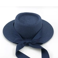Dark blue boater straw hat with matching wide silk satin ribbon bow for women - M (56-58cm) / Navy Blue