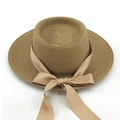 Visiera parasole in paglia per donna con grande fiocco in raso e nastro color champagne - M (56-58cm) / Cachi