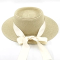 Top view of a straw boater hat featuring a large creamy white satin ribbon bow detail - M (56-58cm) / Beige