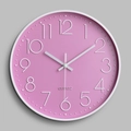 Pink silent wall clock with 3D white numerals and 12-inch round plastic frame - Pink