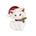 Spilla gatto di Natale bianco con cappello rosso di Babbo Natale e cristalli verdi - Bianco