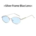 Oval retro sunglasses with silver polygon metal frame and light blue lenses for outdoor use - Silver Frame Blue Lens