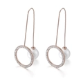 Pendientes largos en oro rosa con círculo de diamantes y un colgante de perla blanca - Oro Rosa (KE81562-K)