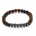 Minimalist tiger eye bead bracelet with grey stainless steel spheres on white background - Black