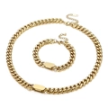 Golden Cuban link jewelry set featuring a necklace and bracelet with rectangle metal plates - Necklace & Bracelet Set / Gold Color (KS139929-KLX)