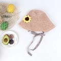 Chapeau de soleil rose en paille pour filles avec tournesol et ruban à nouer à carreaux - Enfants (50-53CM) / Rose