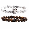 Tiger eye and white turquoise beaded bracelets with silver and black crown charms - Platinum Crown Set (Howlite + Tiger Eye)