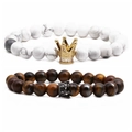 Couples crown beaded bracelet set with tiger eye and white marble stone beads - Gold Crown Set (Howlite + Tiger Eye)