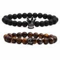 Set di bracciali in perle occhio di tigre e pietra nera opaca con corona per coppie - Set Corona Gun Black e Pietra Nera Opaca