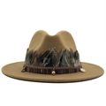 Classic tan wool fedora hat with ethnic woven band and feather trim for women - Camel