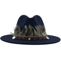 Navy blue wool fedora hat with ethnic woven band and natural feather decorations - Navy Blue