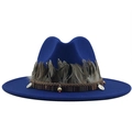 Close-up of royal blue wool fedora hat featuring gray feather trim and ethnic beaded band - M (56-58cm) / Blue