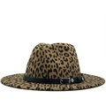 Classic leopard print fedora hat with a black leather band and silver buckle detail - Light Khaki