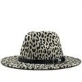 Cappello fedora in lana con stampa leopardata a tesa larga e cinturino in pelle nera - M (56-58cm) / Bianco