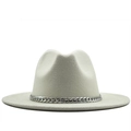 Classic light grey wool fedora hat with wide brim and stylish silver chain band detail - M(56-58cm) / White