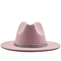 Elegant light pink fedora hat with wide brim and silver metal chain band for women - M(56-58cm) / Pink