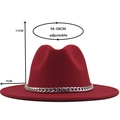 Classic burgundy fedora wool hat with silver chain, 7cm brim, 11cm height, 56-58cm adjustable size - M(56-58cm) / Burgundy