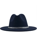 Classic dark blue wool fedora hat with wide brim and decorative silver chain detail - M(56-58cm) / Navy Blue