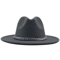 Detailed close-up of dark grey wool fedora hat with wide brim and silver metal chain - M(56-58cm) / Gray