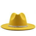 Detail of yellow wool fedora hat featuring a chunky silver metal chain decoration - M(56-58cm) / Yellow
