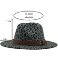 Gray leopard print fedora hat with brown leather band and detailed size dimensions - M (56-58cm) / Dark Gray (Leopard)