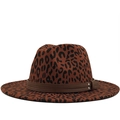 Classic leopard print wool fedora hat with a decorative brown faux leather strap - M (56-58cm) / Wine Red (Leopard)