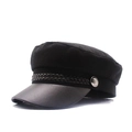 Classico cappello da marinaio nero in lana con visiera in pelle e corda decorativa - M (56-58cm) / Nero