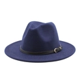 Detail of wool fedora hat in dark blue with black leather band and gold buckle - Navy Blue