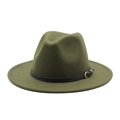 Olive green wool felt fedora hat with black leather belt buckle for women and men - Army Green