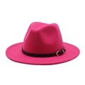 Detail of rose red fedora hat with black leather band and golden metal buckle accessory - Rose Red