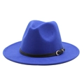 Detail of royal blue wool fedora hat featuring a black leather band and silver metal buckle - Sapphire Blue