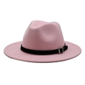 Detail of pink wool fedora with flat wide brim and black leather belt with metal buckle - Pink