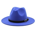 Detailed close-up of blue felt fedora hat featuring black leather band and metal buckle - Sapphire Blue