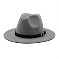 Detailed view of grey wool felt fedora with black belt buckle trim on white background - Light Gray