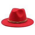 Close-up of a red wool fedora hat with braided rope band and gold bead accents - M (55-58cm) / Red