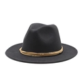 Detail of black wool fedora featuring a khaki leather band and gold metal bead accents - M (55-58cm) / Black