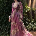 Detail of V-neck floral butterfly print maxi dress with long lantern sleeves in purple - S / Purple (Bubble Cloth)