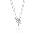 Silver stainless steel box chain necklace featuring a round white pearl pendant charm - Steel Color Necklace (KN115146-Z)
