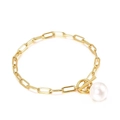 Golden box chain bracelet with toggle clasp and white pearl charm on white background - Gold Bracelet (KB139654-Z)