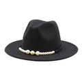 Detail of elegant black wool fedora featuring a stylish white faux pearl band decoration - M (55-58cm) / Black